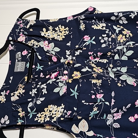 Vintage NY&Co M Soho blouse navy blue/floral button down tank blouse - Picture 5 of 9